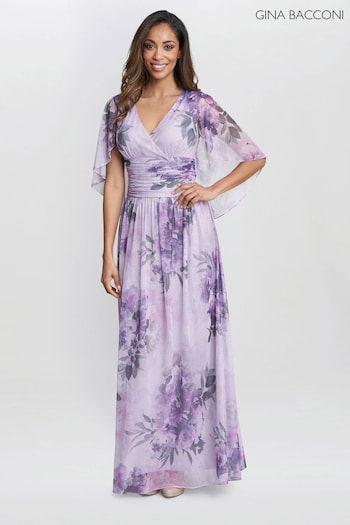 Gina Bacconi Pink Caroline Printed Maxi Dress With Overlay Sleeves (E01646) | £260