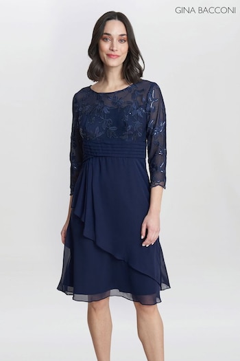 Gina Bacconi Thandie Petite Blue Embroidered Bodice Dress With Pleated Waist (E01647) | £260