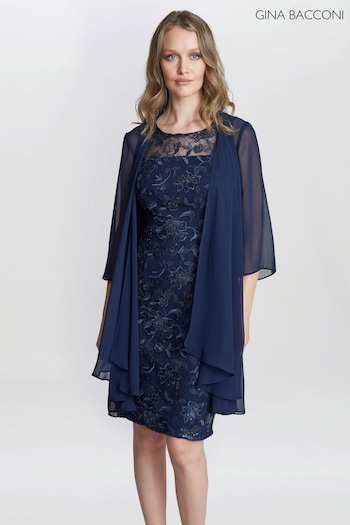Gina Bacconi Blue Marla Petite Embroidered Dress With Matching Chiffon Dress (E01651) | £350