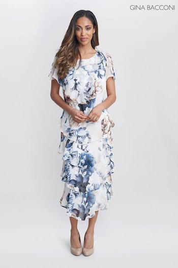 Gina Bacconi Jocelyn Midi Length Printed Tiered White Dress With Embellished Shoulders (E01653) | £260