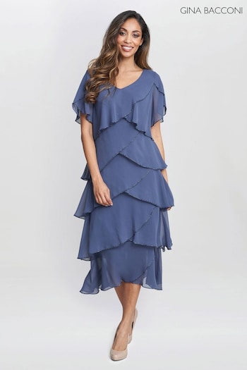 Gina Flow Bacconi Blue Fleur Midi V-Neck Tier Dress With Bugle Beads (E01656) | £270