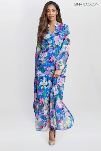 Gina Bacconi Blue Iona Print Stand Collar Dress (E01658) | £99