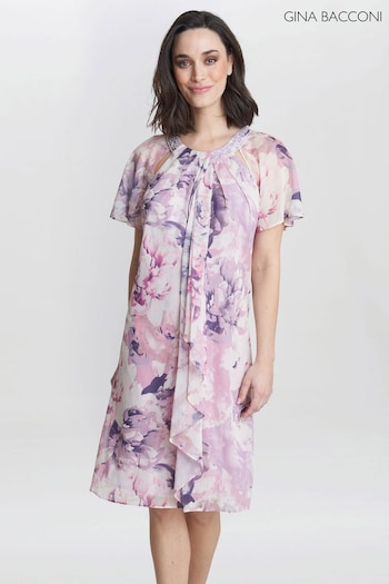 Gina the Bacconi Purple Erika Printed Dress With Embellished Cutout Neckline (E01660) | £220