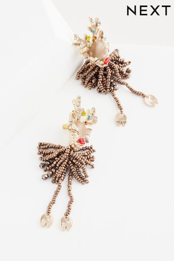 Brown Christmas Reindeer Beaded Earrings (E01878) | £18