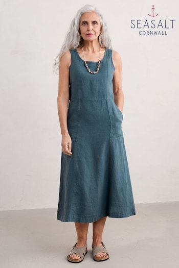 Seasalt Cornwall Blue Sleeveless Grass Wave Linen Dress (E02011) | £76