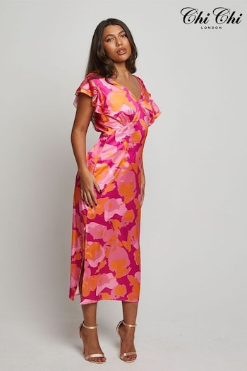 Chi Chi London Pink V-Neck Ruffle Detail Abstract Print Midi Dress (E02440) | £70