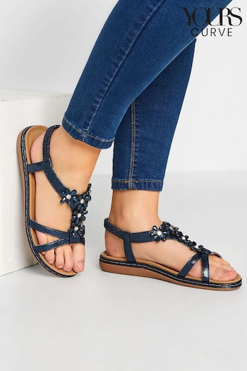 Yours Curve Blue Dark Wide Fit Wide Fit Diamante Flower Sandals style (E02750) | £29