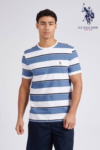 U.S. White Polo Assn. Mens Classic Fit Textured Wide Stripe White T-Shirt (E02811) | £35