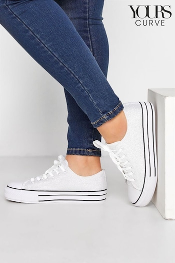 Yours Curve Silver Wide Fit Canvas Glitter Platform Trainers (E02849) | £23