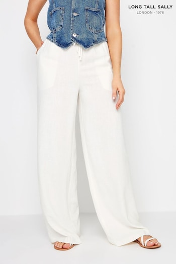 Long Tall Sally White Sand Linen Tie Waist Trousers pleated (E02857) | £39