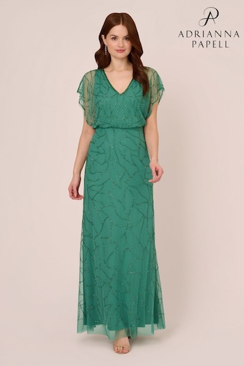 Adrianna Papell Green Beaded Blouson Long Dress (E03065) | £199