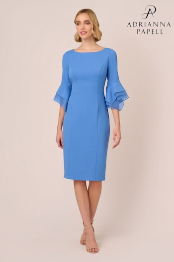 Adrianna Papell Blue Knit Crepe Tiered Sleeve floral-embroidered Dress (E03069) | £139