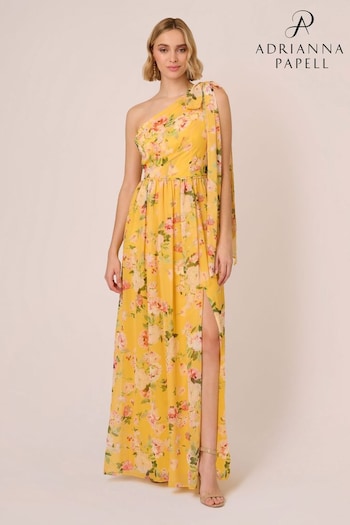 Adrianna Papell Yellow One Shoulder Chiffon Gown (E03081) | £249