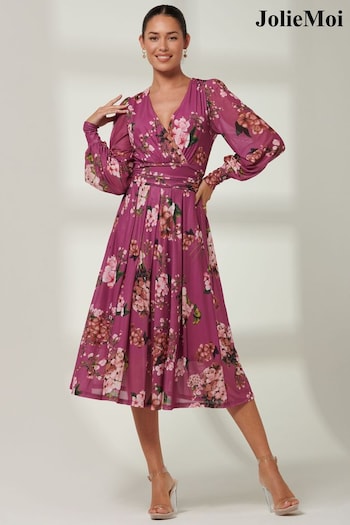 Jolie Moi Purple Long sleeve Floral Print Fit Dress (E03821) | £60
