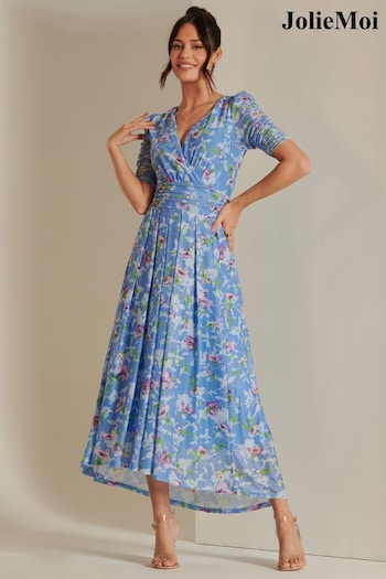 Jolie Moi Blue Ruched Sleeve Maxi Fit Dress (E03822) | £65