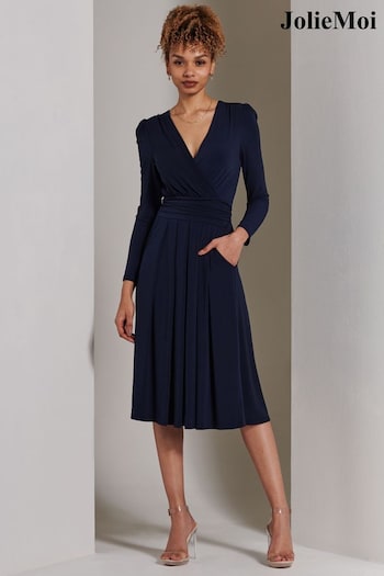 Jolie Moi Blue Plain Long Sleeve Jersey Midi Dress (E03823) | £68