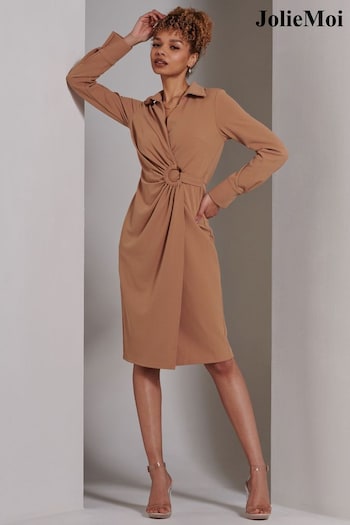 Jolie Moi Reveka Wrap Ruched Shirt Brown Dress (E03824) | £60