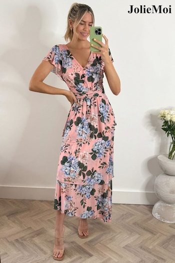 Jolie Moi Pink Floral Tiered Hem Ruffle Maxi Cardin Dress (E03825) | £55