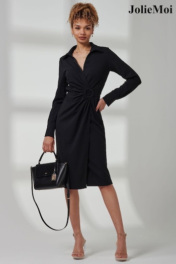 Jolie Moi Reveka Wrap Ruched Shirt Black Dress (E03826) | £60