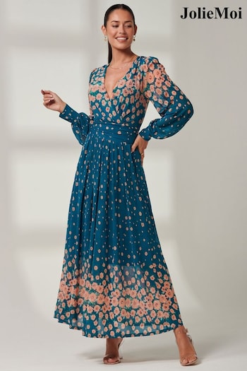 Jolie Moi Blue Blossom Long Sleeve Mesh Maxi Blend Dress (E03827) | £85