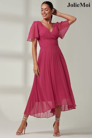 Jolie Moi Pink Elene Pleated High Low Chiffon Maxi Dress (E03830) | £75