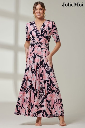 Jolie Moi Pink/Black Floral Print Jersey Maxi Cardin Dress (E03831) | £60