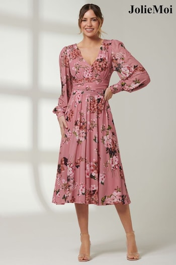 Jolie Moi Pink Long Sleeve Mesh Midi Fit Dress (E03833) | £60