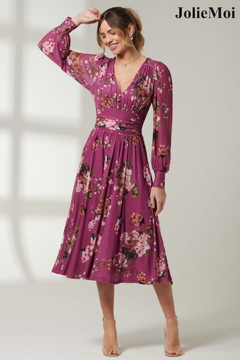 Jolie Moi Purple Long Sleeve Mesh Midi Fit Dress (E03835) | £60