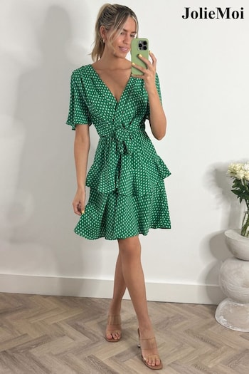 Jolie Moi Green Tie Waist Mini Skater Blend Dress (E03836) | £55