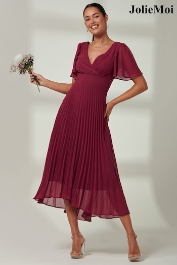 Jolie Moi Red Elene Pleated High Low Chiffon Maxi Dress (E03837) | £75