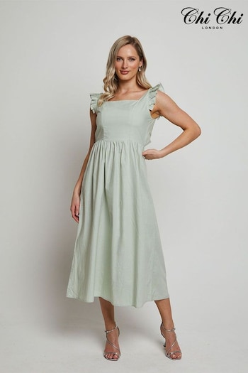 Chi Chi London Green Puff Sleeve Cotton Poplin Midi Dress (E04155) | £45