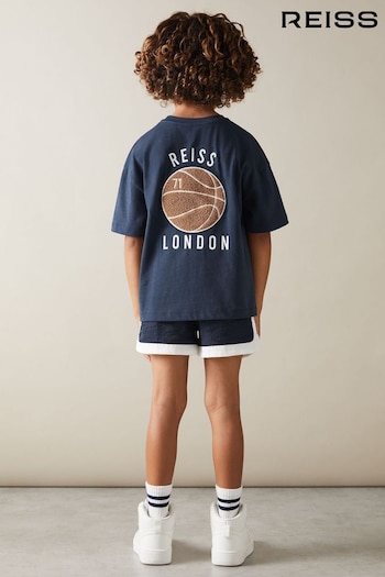 Reiss Washed Navy Kirby Senior Oversized Cotton Basketball Motif T-Shirt (E04175) | £26