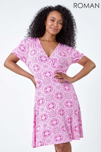 Roman Pink Tile Print Stretch Wrap Dress (E04197) | £40
