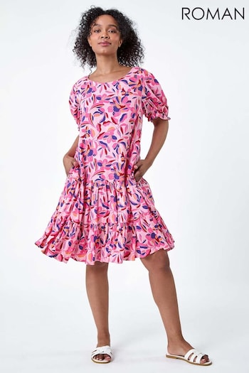 Roman Pink Floral Tiered Smock Dress (E04203) | £42