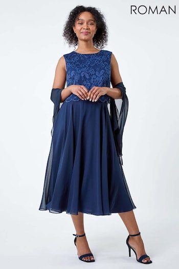 Roman Blue Lace Pleated Midi Dress (E04206) | £70