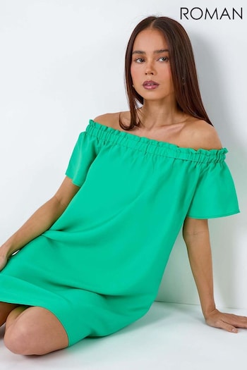 Roman Green Plain Stretch Neck Bardot Dress (E04217) | £40
