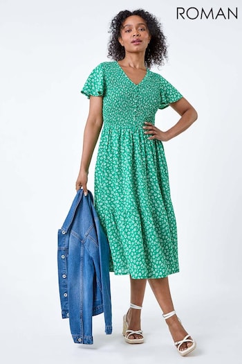 Roman Green Ditsy Floral Shirred Midi Dress (E04223) | £42