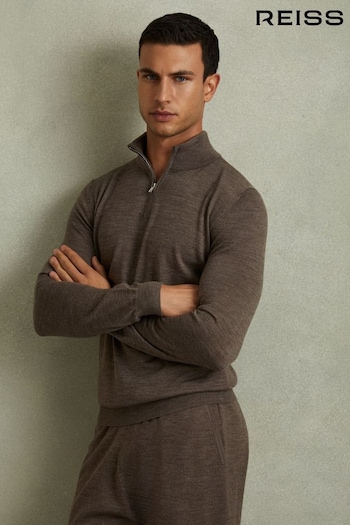 Reiss Dark Brown Melange Blackhall Merino Wool Half-Zip Funnel Neck Jumper (E04241) | £98