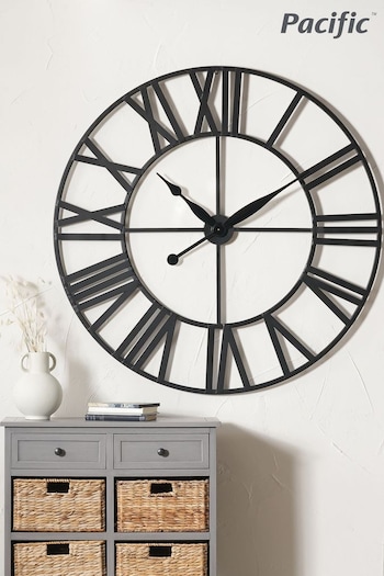Pacific Black Metal Large Round Wall Clock (E04389) | £180