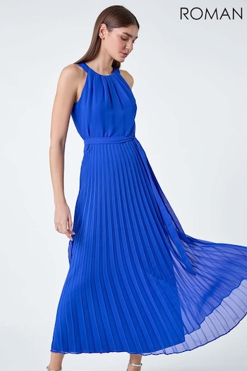 Roman Blue Pleated Halter Neck Maxi Dress (E04397) | £70