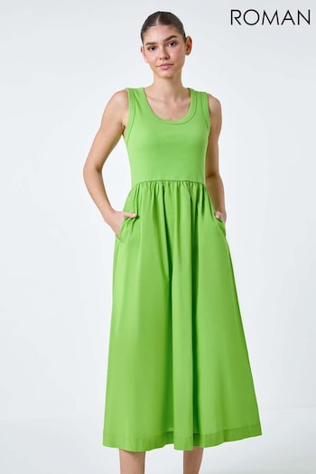 Roman Green Cotton Stretch Jersey Mix Midi Dress (E04398) | £40