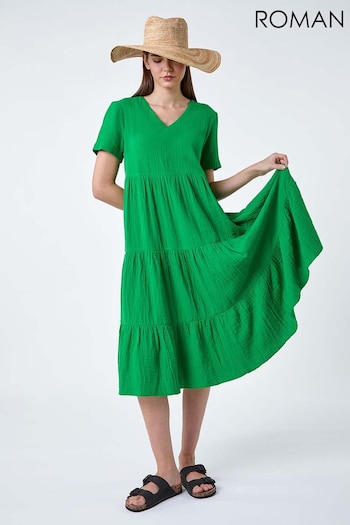Roman Green Cotton Waffle Tiered Midi Dress (E04399) | £45