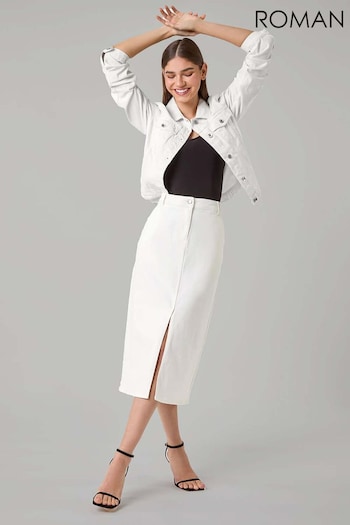 Roman White Cotton Blend Denim Stretch Midi Skirt (E04405) | £35