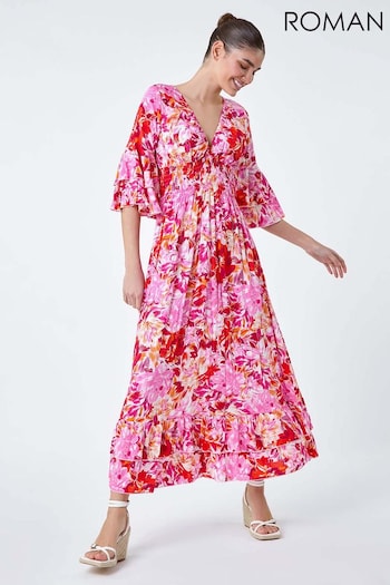 Roman Pink Floral Ruffle Detail Shirred Midi Dress (E04406) | £45