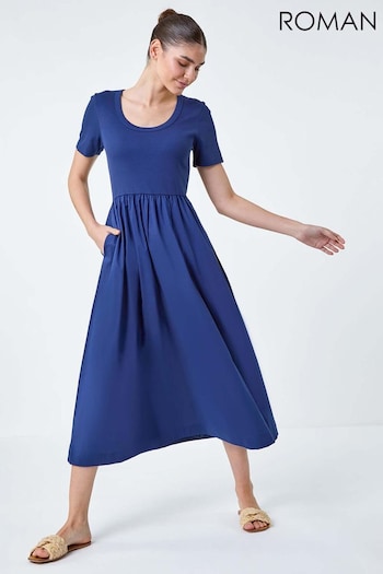 Roman Blue Cotton Stretch Jersey Mix Midi Dress (E04419) | £42