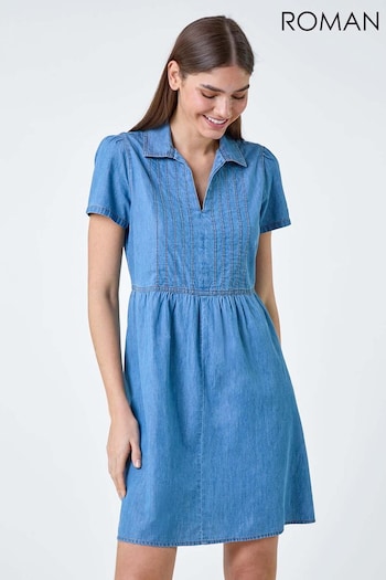 Roman Blue Cotton Denim Collared Dress (E04420) | £42