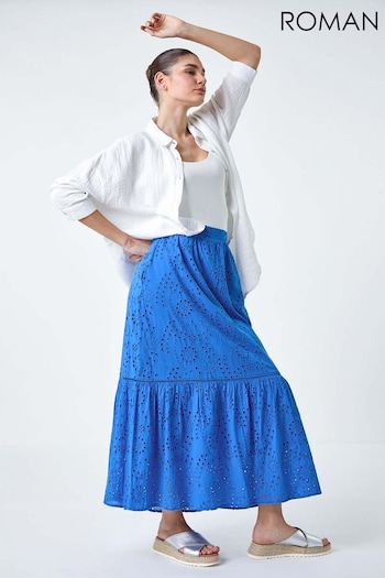 Roman Blue Cotton Broderie Pocket Midi Skirt (E04421) | £38