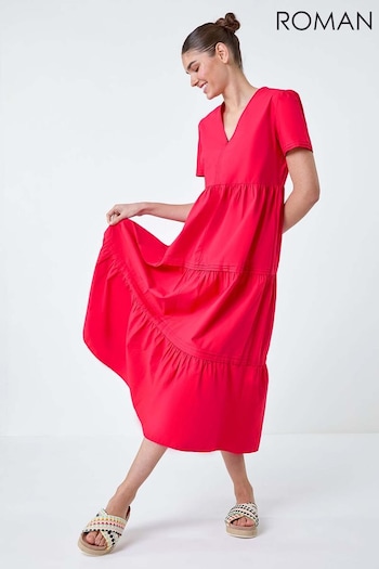 Roman Pink Plain Cotton Tiered Maxi Dress (E04423) | £42