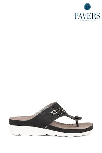 Pavers Embellished Toe Post Black Sandals (E04504) | £30