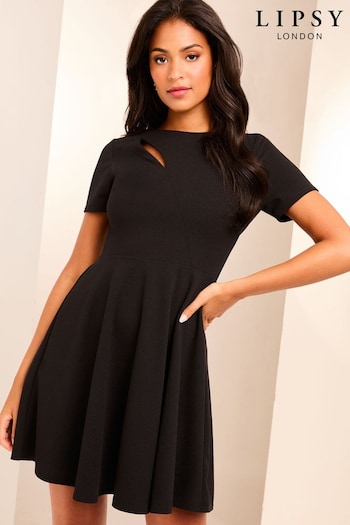 Lipsy Black Short Sleeve Splice Cut Out Skater Mini Dress (E04621) | £46